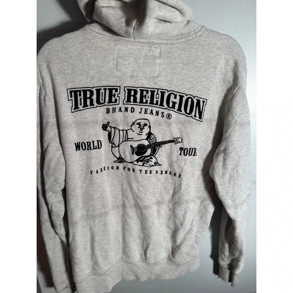 True Religion Mens World Tour Buddha Zip Up Hoodie Heather Gray Small Logo‎ Back